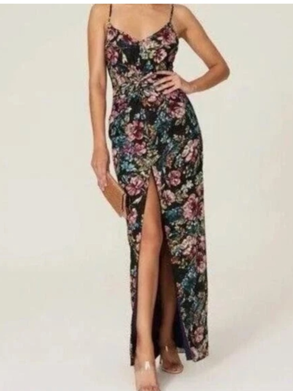 Amanda Uprichard Floral Print Maxi Dress Spaghetti Straps Slit Twist Front